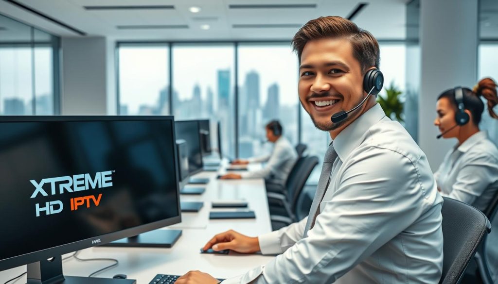 A modern, well-lit office interior with a sleek, minimalist design. In the foreground, a customer service representative in a crisp white shirt and tie, smiling warmly as they assist a customer on a high-end desktop computer displaying the "XTREME HD IPTV" brand logo. The middle ground features a team of support staff working diligently at their desks, surrounded by subtle branding elements. In the background, a large window offers a view of a bustling city skyline, conveying a sense of professionalism and efficiency. The overall atmosphere is one of high-quality service, attention to detail, and a commitment to customer satisfaction.