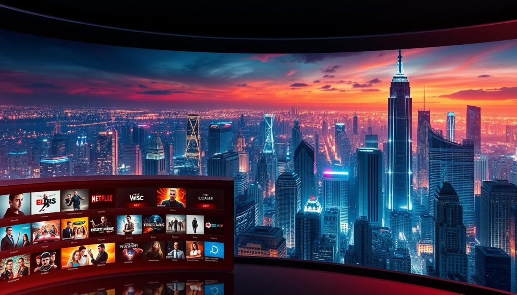 A vast and immersive VOD-Bibliothek showcasing a diverse range of high-definition TV channels, all powered by the cutting-edge XTREME HD IPTV service. The scene depicts a sleek, modern interface, with a smooth, cinematic atmosphere and a focus on rich, vibrant colors. The foreground features a curated selection of on-demand content and live TV options, while the background showcases an expansive, futuristic cityscape with towering skyscrapers and a vibrant, neon-lit skyline. The lighting is warm and inviting, conveying a sense of technological advancement and entertainment at the user's fingertips.