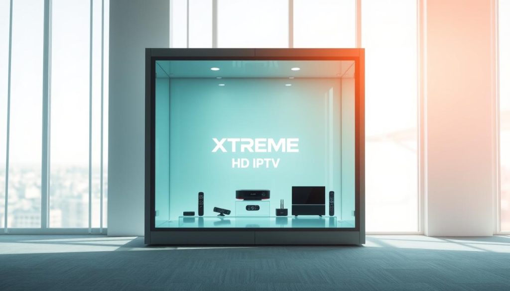 An elegant, modern glass display case stands in a bright, airy room, showcasing the "XTREME HD IPTV" product. Soft, natural light filters in, creating a warm, inviting atmosphere. The case features clean lines and a minimalist design, allowing the product to take center stage. In the foreground, a subtle shadow cast by the case adds depth and dimension. The middle ground showcases the product's flexibility, with various remote controls and devices placed around the display. In the background, a blurred cityscape or landscape hints at the boundless entertainment options available with the XTREME HD IPTV service. The overall mood is one of sophistication, freedom, and the promise of unparalleled television experiences.